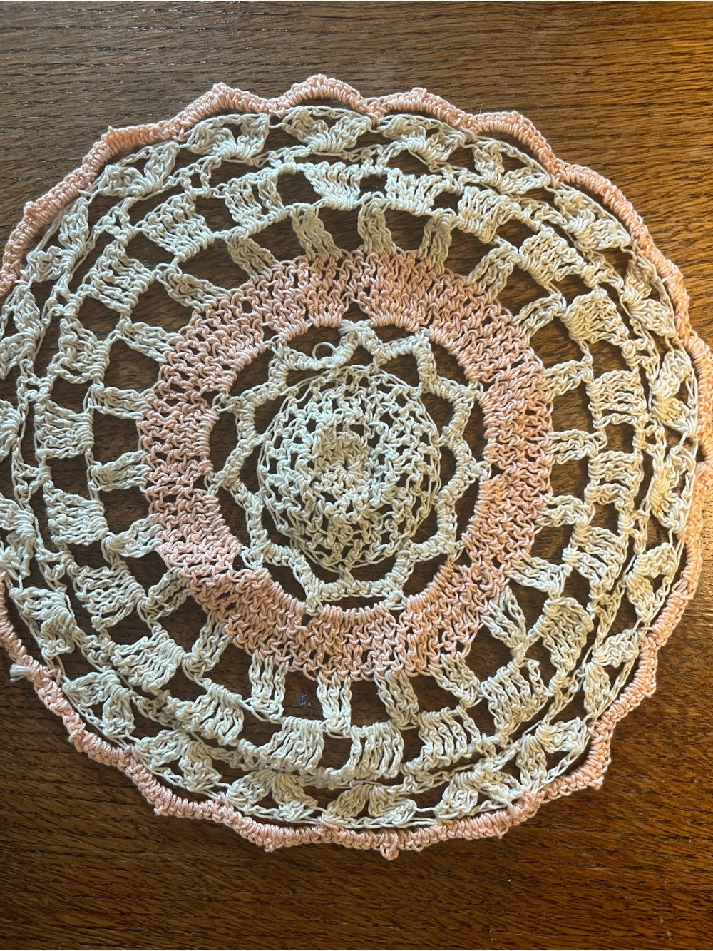 Vintage Hand-Crocheted Circular Doily in Salmon & Cream Lovely!